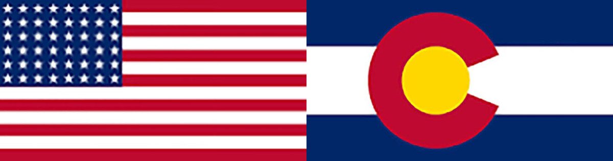 A split image showing the flag of the United States and the flag of Colorado.